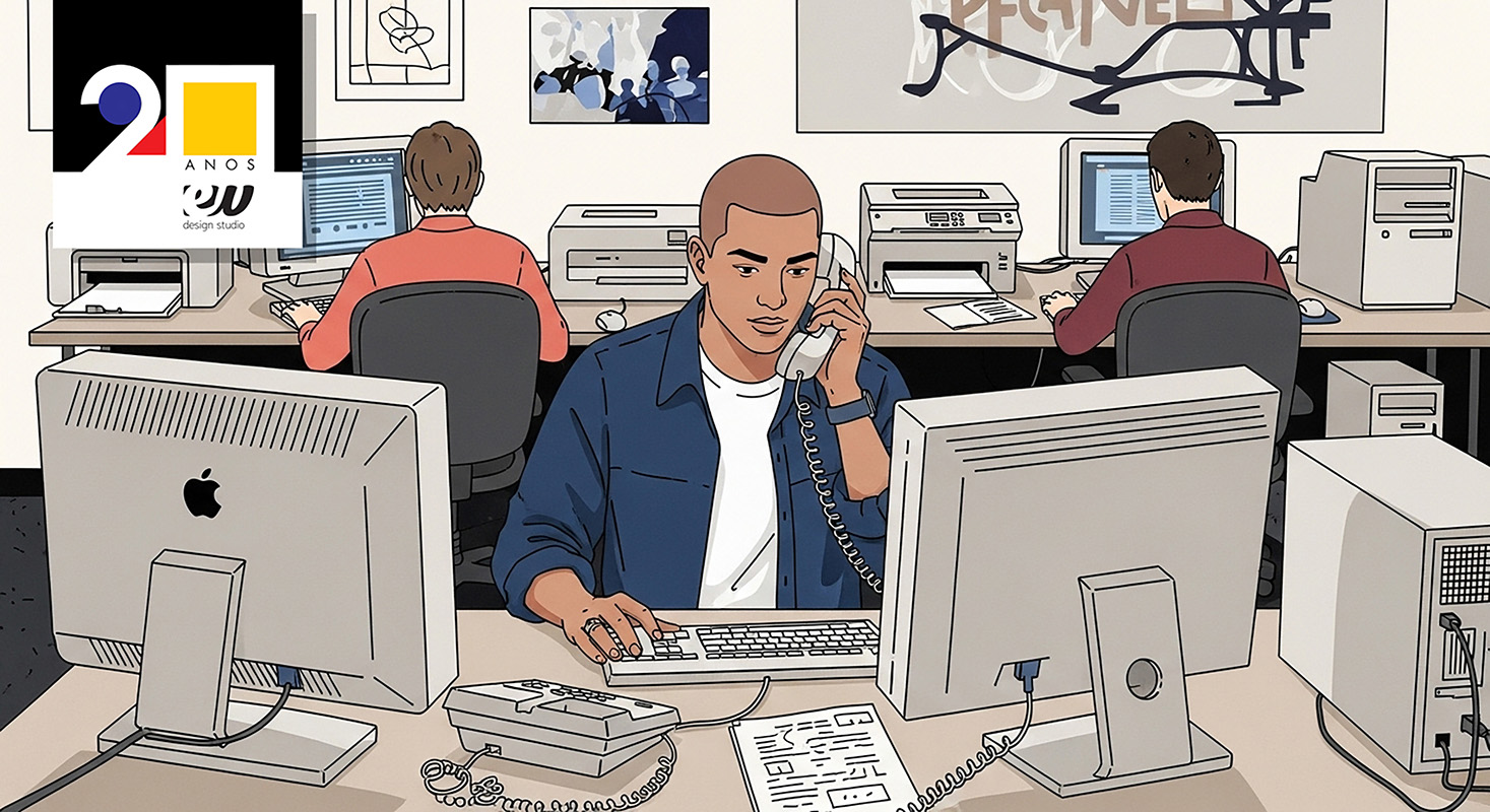 Ilustração sobre rotina de criação e fluxo de trabalho em agências de publicidade nos anos 90